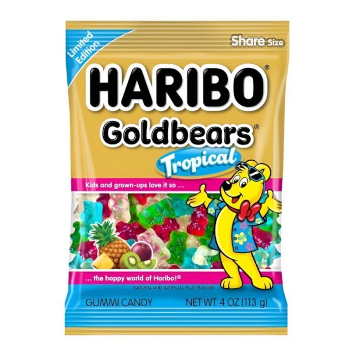 Wholesale Haribo Gold Bears Tropical Flavour Peg Bag USA (12x113g) 1 Haribo Gold Bears Tropical Flavour Peg Bag USA (12x113g)
